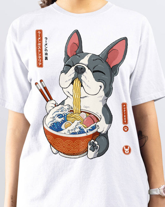 Boston Terrier with Japanese ramen T-shirt design