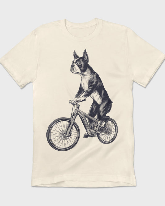 Vintage Boston Terrier riding a bicycle T-shirt