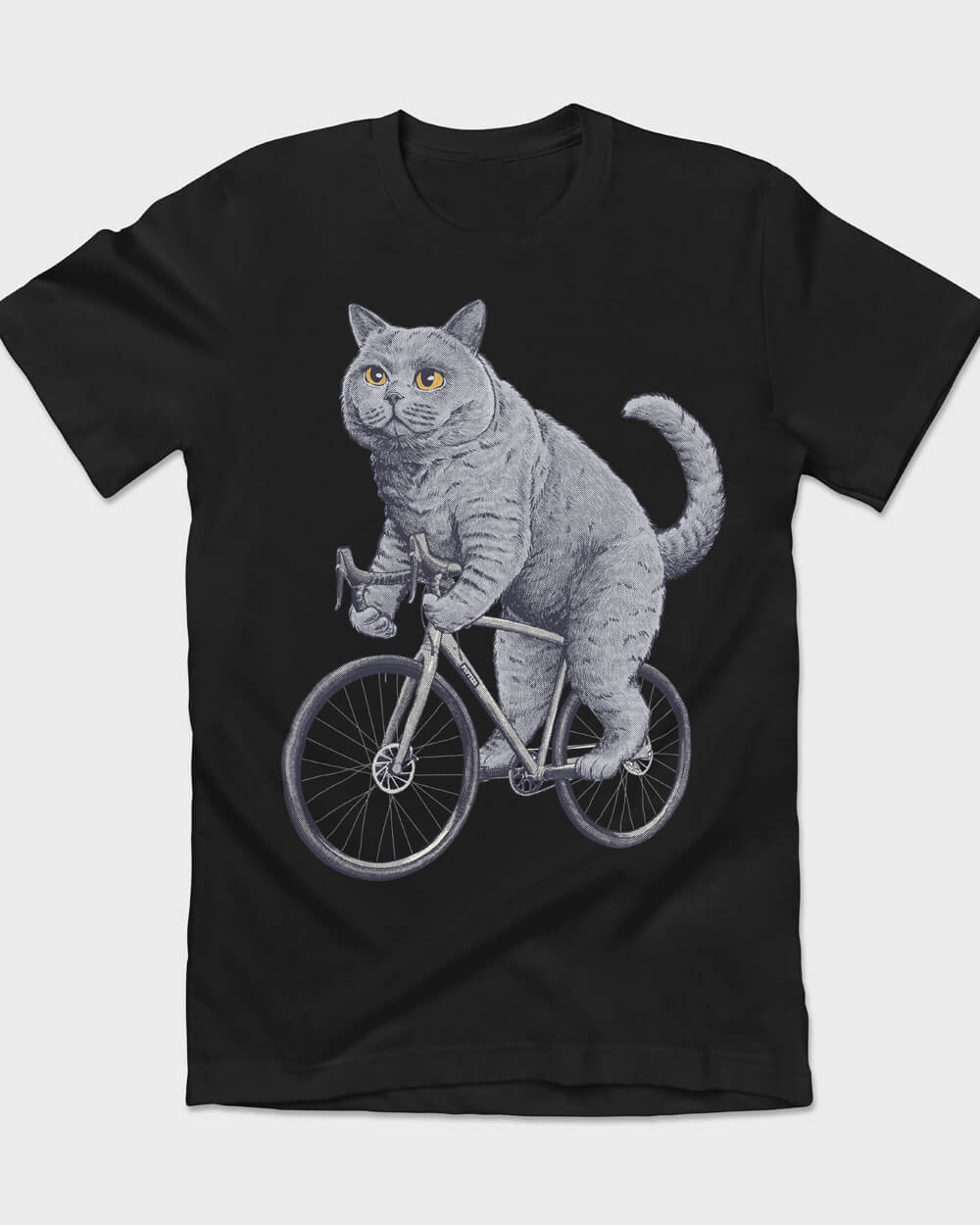 B&W British Shorthair Cat on a bicycle tee design