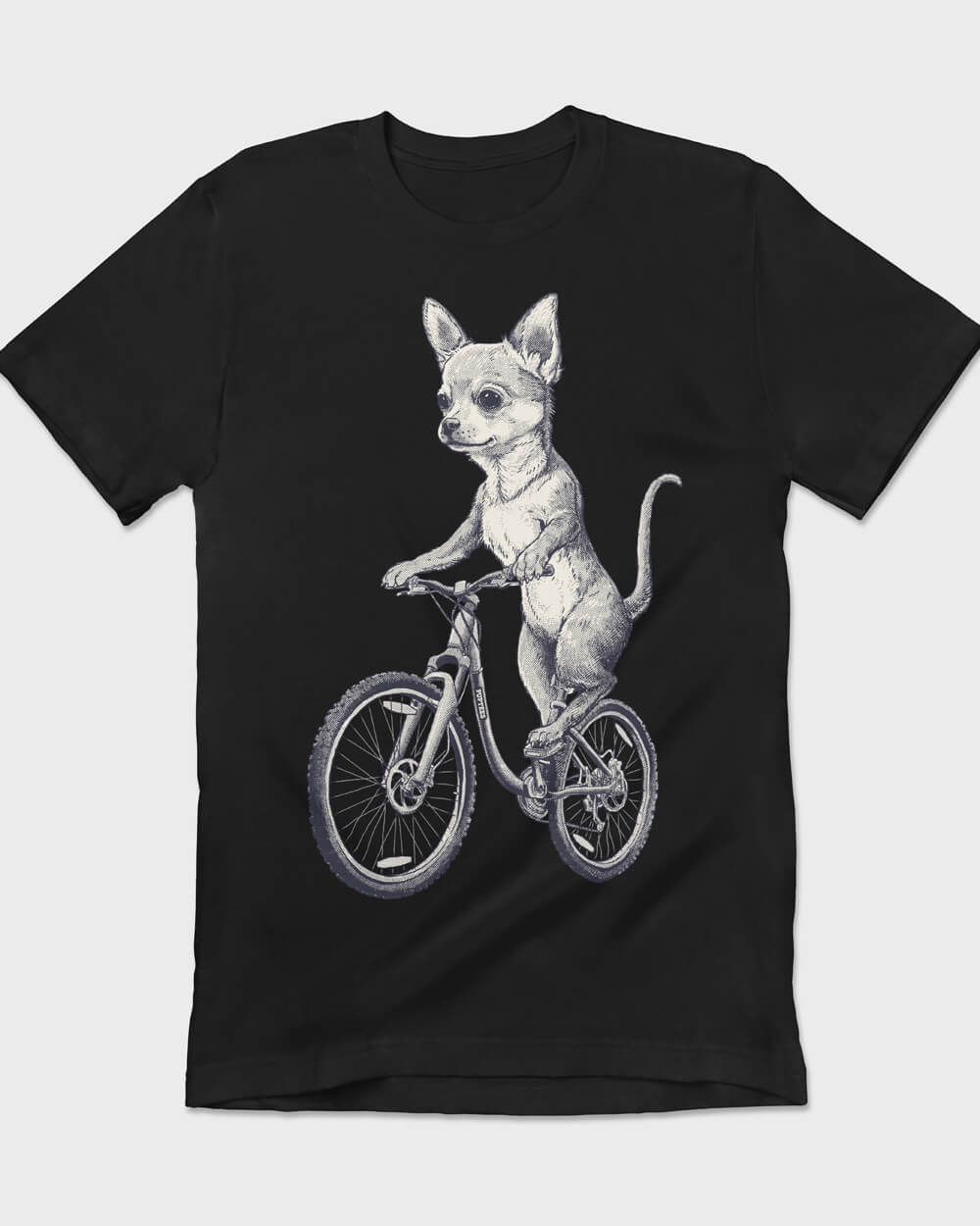 Cycling Chihuahua on a black shirt, authentic vintage retro style, exclusive design by PupTees