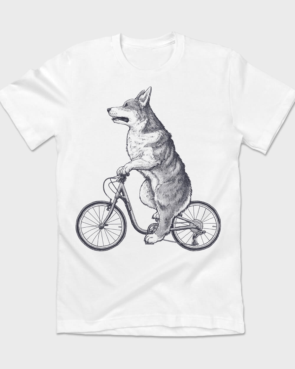Vintage elegant Corgi on a bike printed graphic white T-shirt