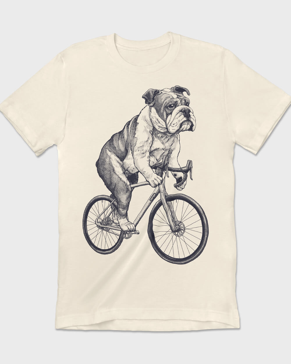 Cycling English Bulldog on a natural colored shirt, authentic vintage retro style, exclusive design by PupTees