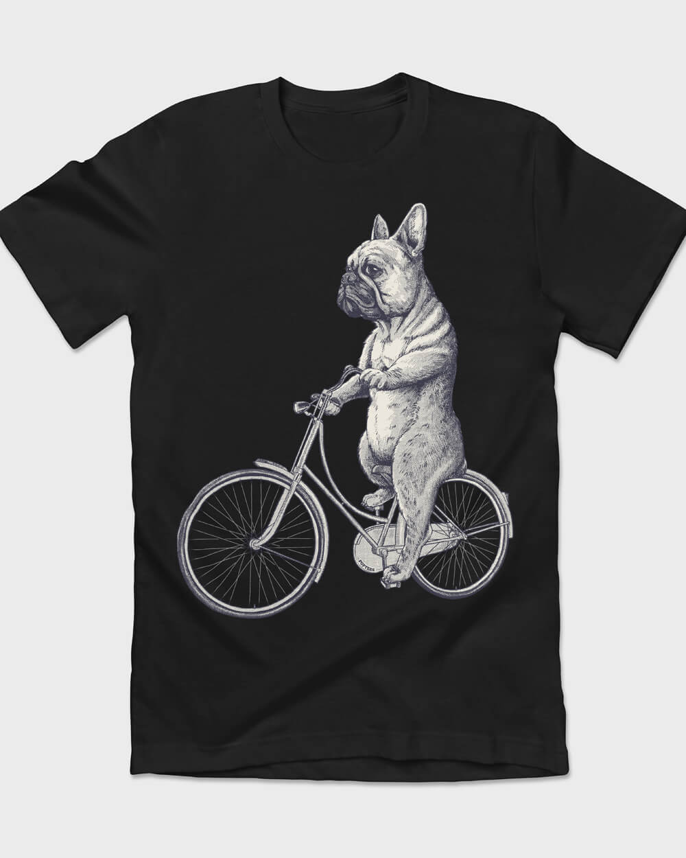 Cycling French Bulldog on a black shirt, authentic vintage retro style, exclusive design by PupTees