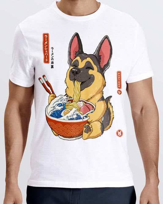 German Shepherd with Japanese ramen T-shirt design