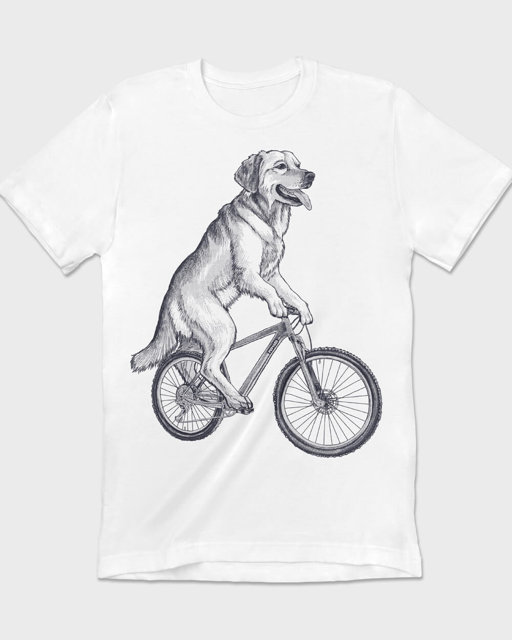 Cycling Golden Retriever on a white shirt, authentic vintage retro style, exclusive design by PupTees