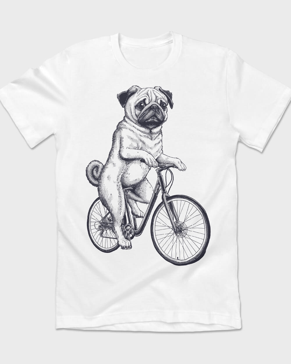 Cycling Pug on a white shirt, authentic vintage retro style, exclusive design by PupTees
