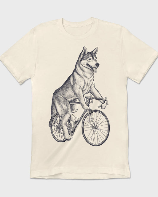 Vintage Siberian Husky riding a bicycle T-shirt