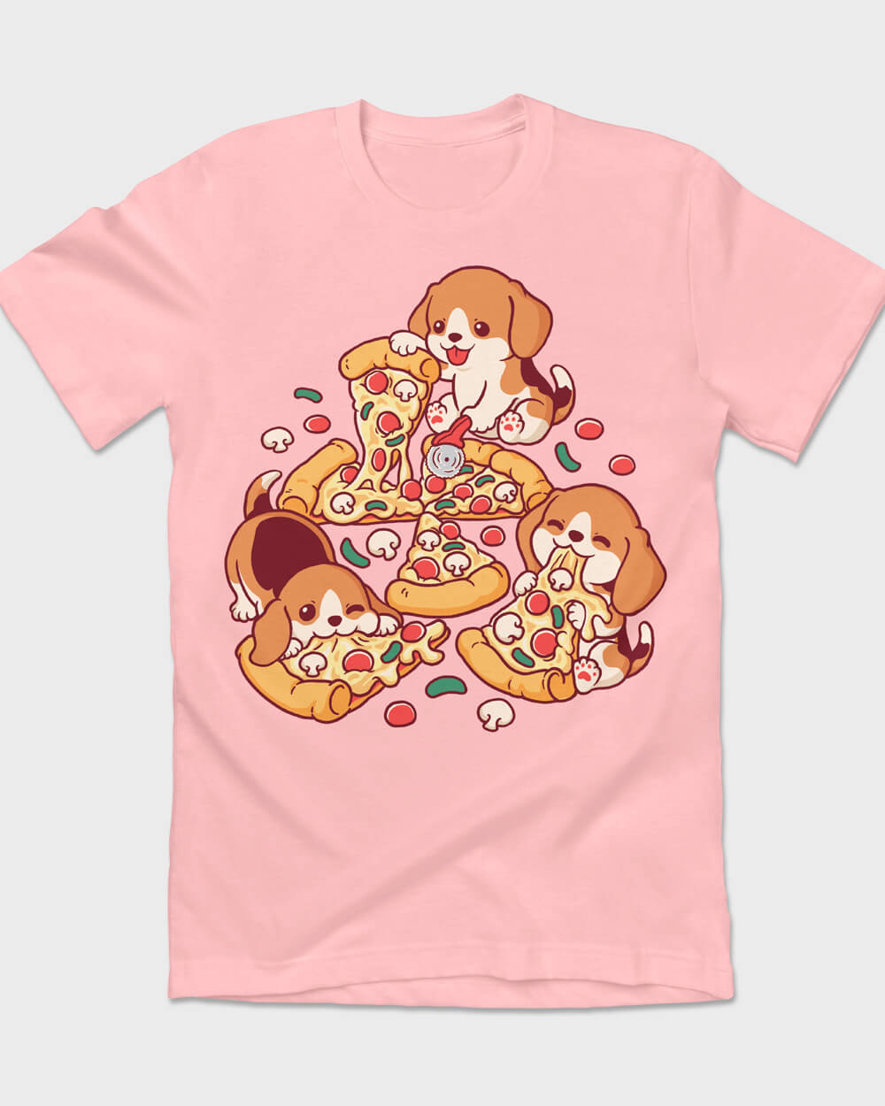 Pink Tee of three Beagle puppies with their favorite pepperoni pizza