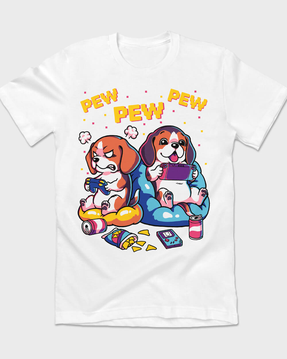 Pair of Beagle dogs gaming on a retro-style white T-shirt for dog lovers