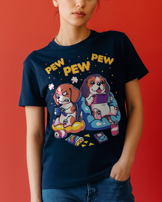 Beagle dogs playing video games T-shirt in retro colors and design