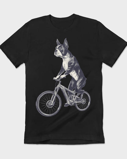 B&W Boston Terrier dog on a bicycle tee design