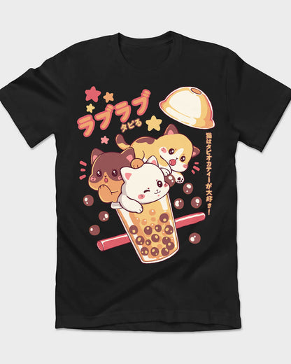 Kawaii fashion featuring cats, tapioca tea, and authentic Japanese text