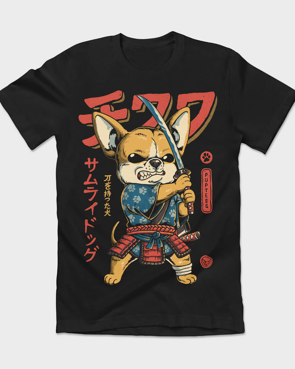 Hand illustration of Chihuahua as a samurai ronin on a T-shirt, wearing armor and a sword in Japanese style