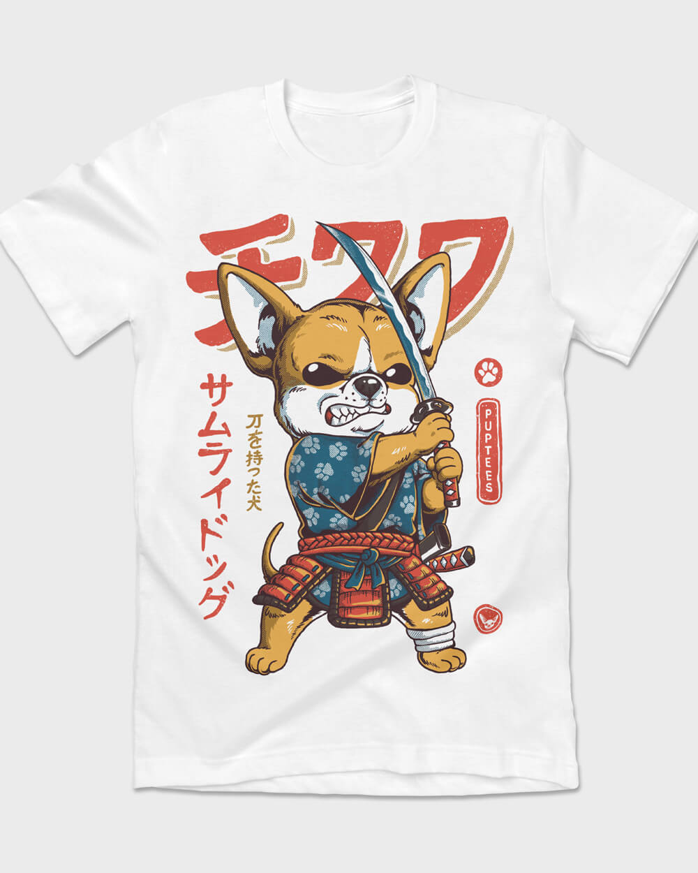 Chihuahua T-shirt design with samurai ronin attire, perfect for dog lovers and Japanese culture enthusiasts