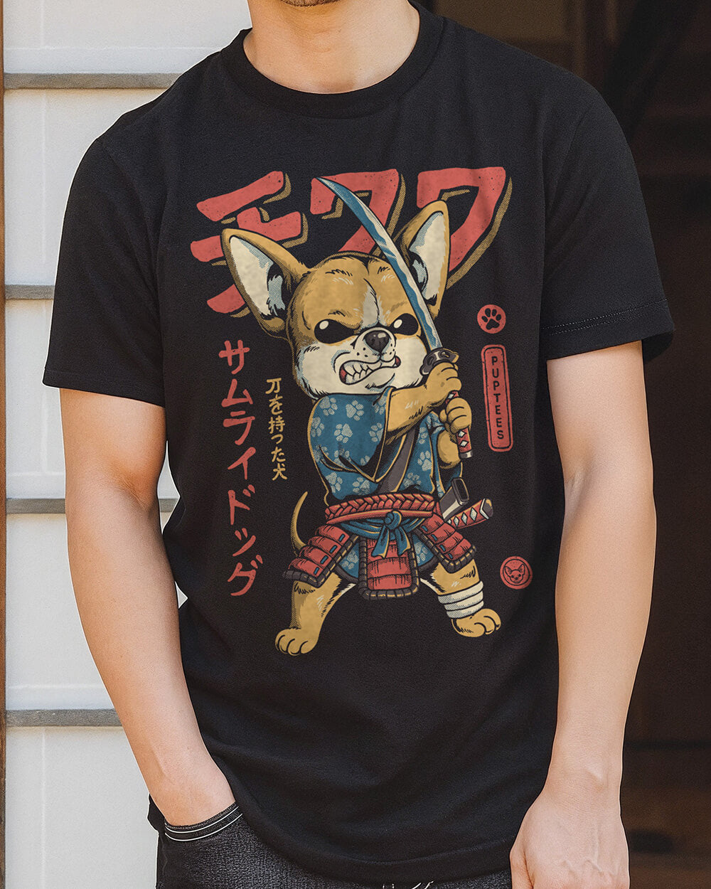 Creative t-shirt design with a Chihuahua in full samurai ronin attire, inspired by Japanese samurai legends