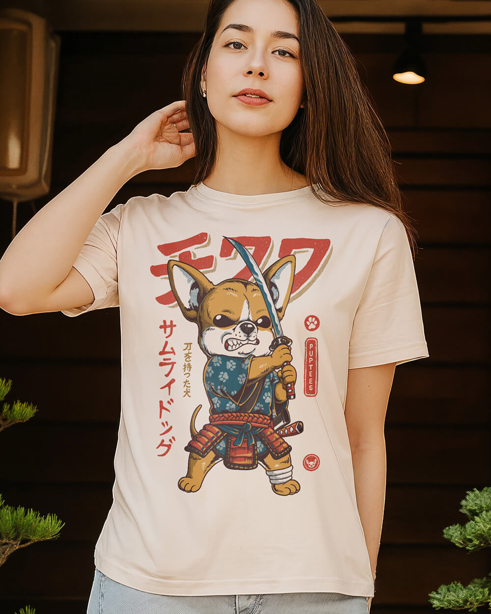 Graphic t-shirt featuring a fierce Chihuahua dressed as a samurai ronin with a traditional katana