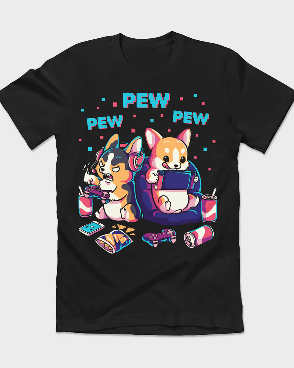 Cute Gamer Corgi pups playing retro games graphic tee