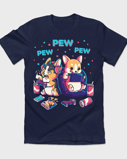 Corgi dogs playing video games T-shirt in retro colors and design