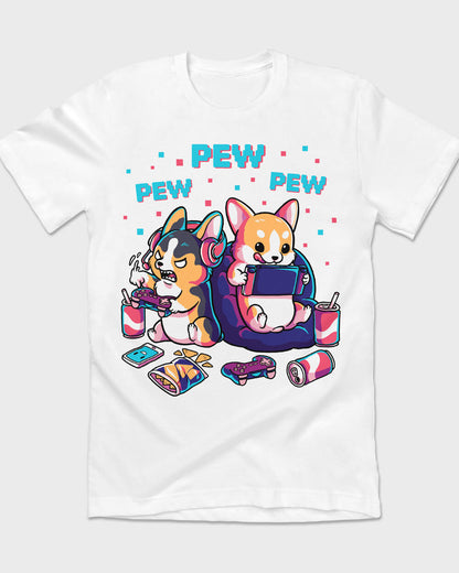 Vintage Corgi buddy dogs in video game session T-shirt design