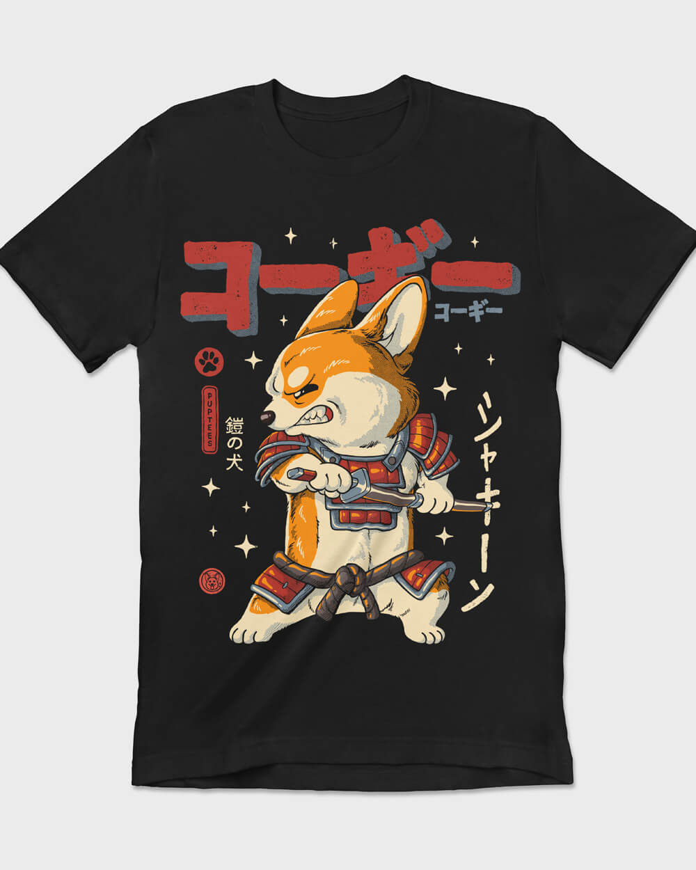 Creative T-shirt design with a Corgi in full samurai ronin attire, inspired by Japanese samurai legends