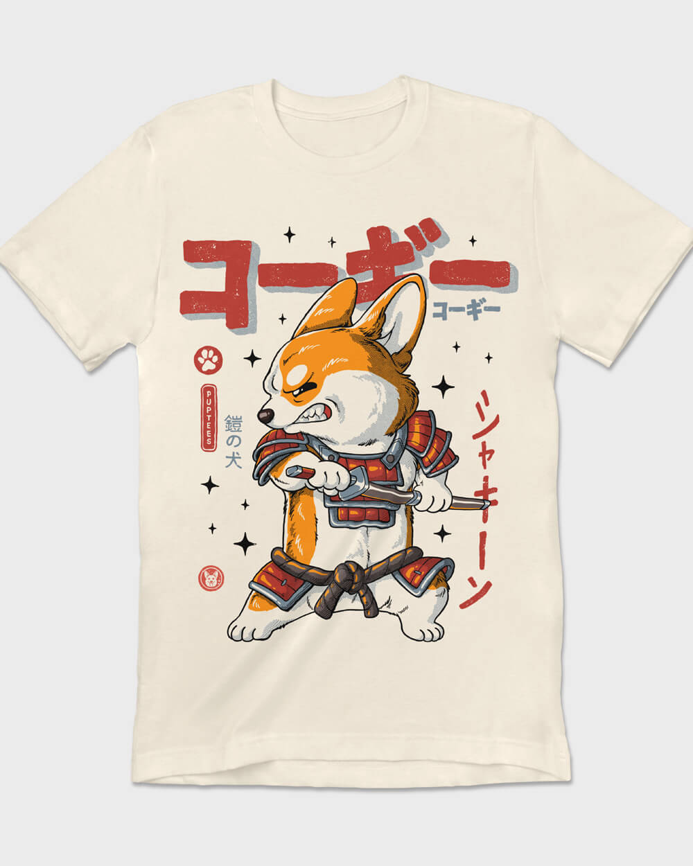 Graphic t-shirt featuring a fierce Corgi dressed as a samurai ronin with a traditional katana