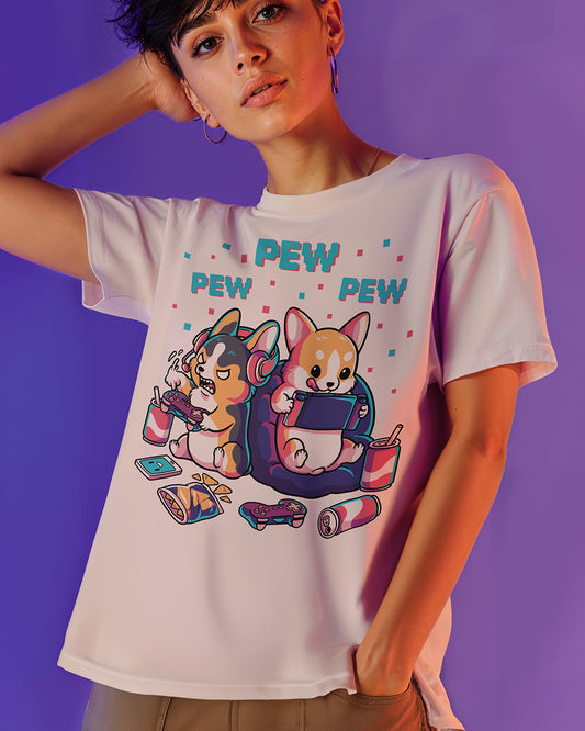 Retro graphic t-shirt with two Corgis playing video games
