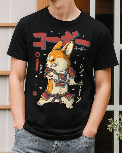 Corgi T-shirt design with samurai ronin attire, perfect for dog lovers and Japanese culture enthusiasts