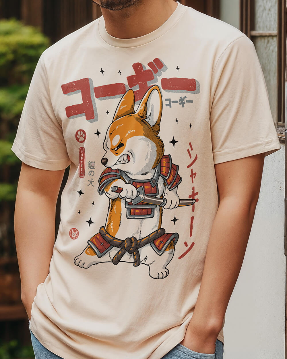 Hand illustration of Corgi as a samurai ronin on a T-shirt, wearing armor and a sword in Japanese style