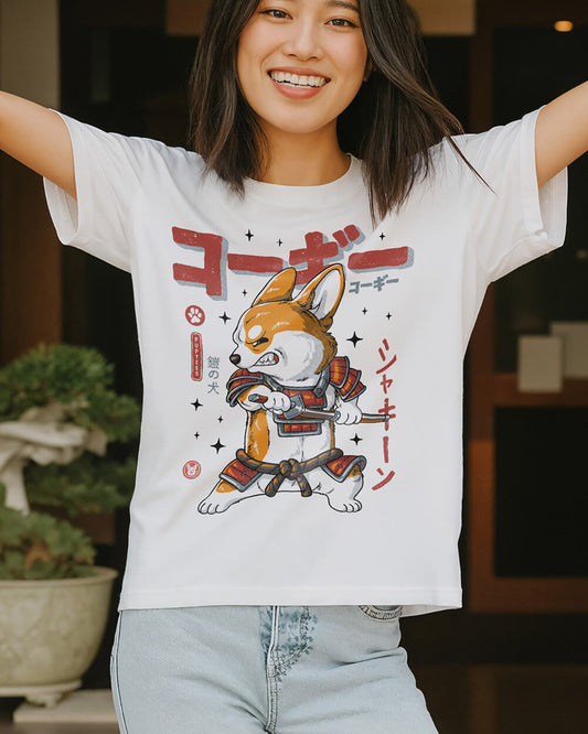 Unique Corgi Samurai Ronin white T-shirt design in cute Anime style