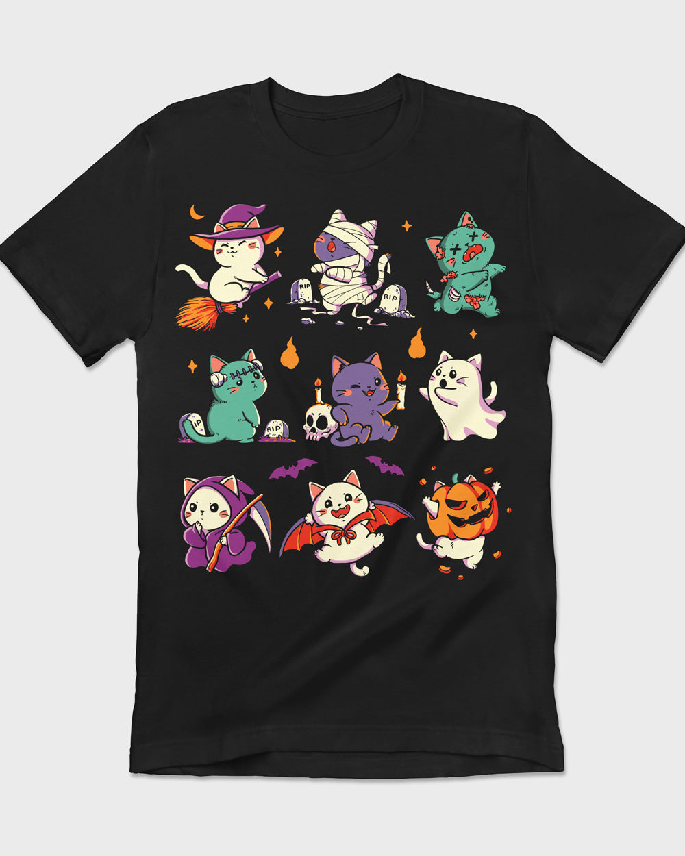 Playful Halloween cat costume parade illustrated on a t-shirt