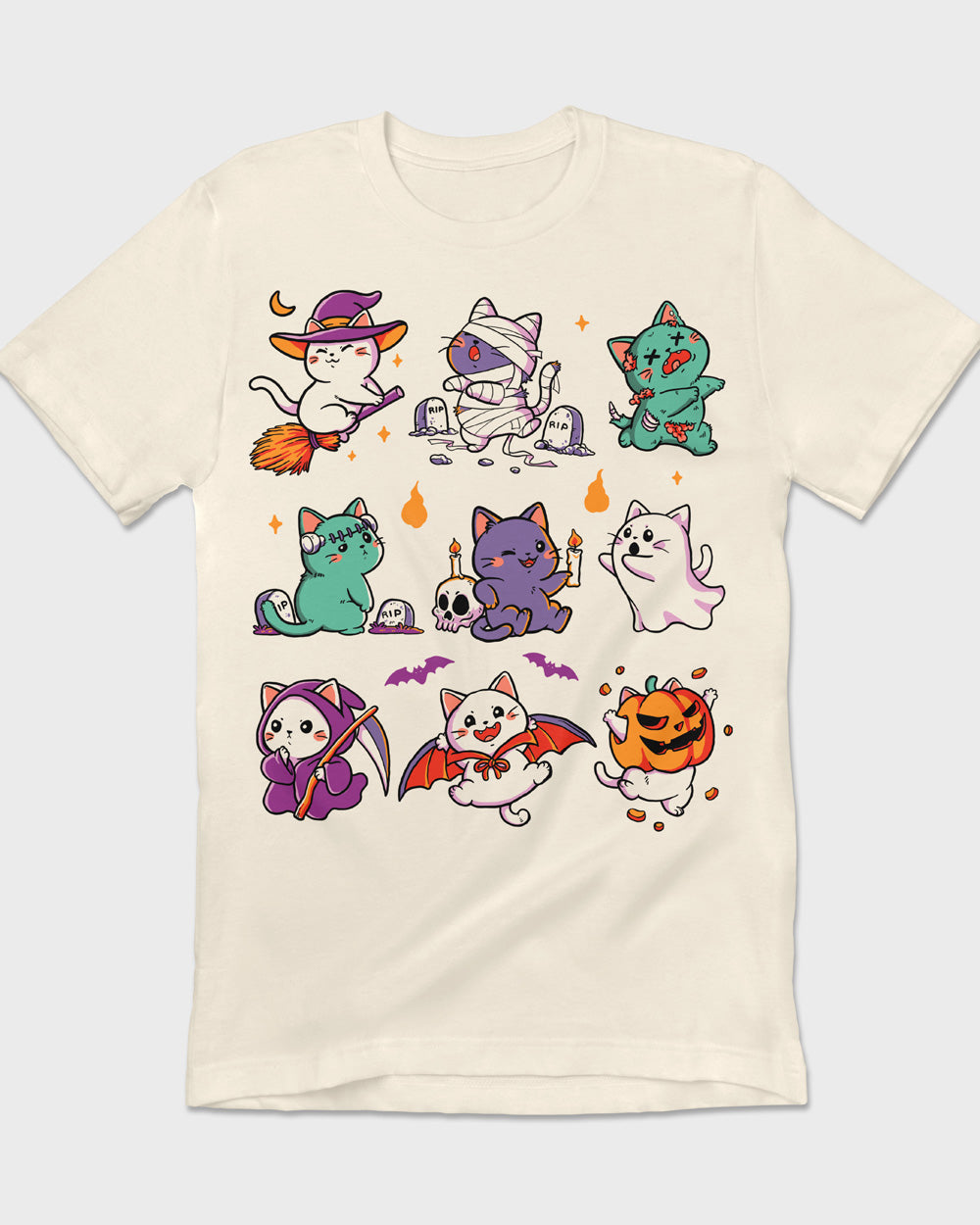 Colorful illustration of nine cats in different Halloween outfits on a shirt