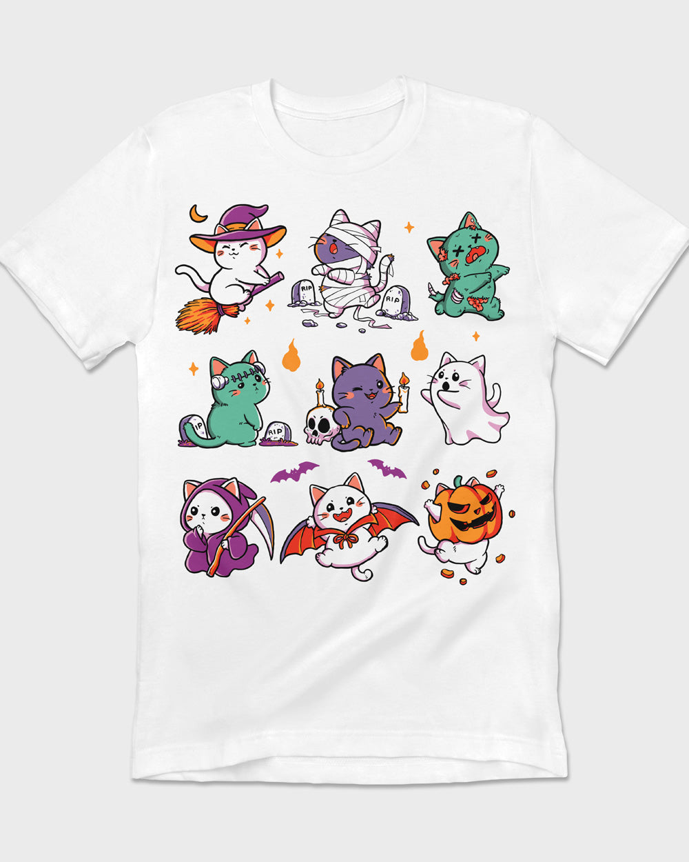 Halloween-themed white t-shirt with nine costumed cats in spooky poses