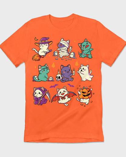 T-shirt print with nine cats in funny Halloween costumes