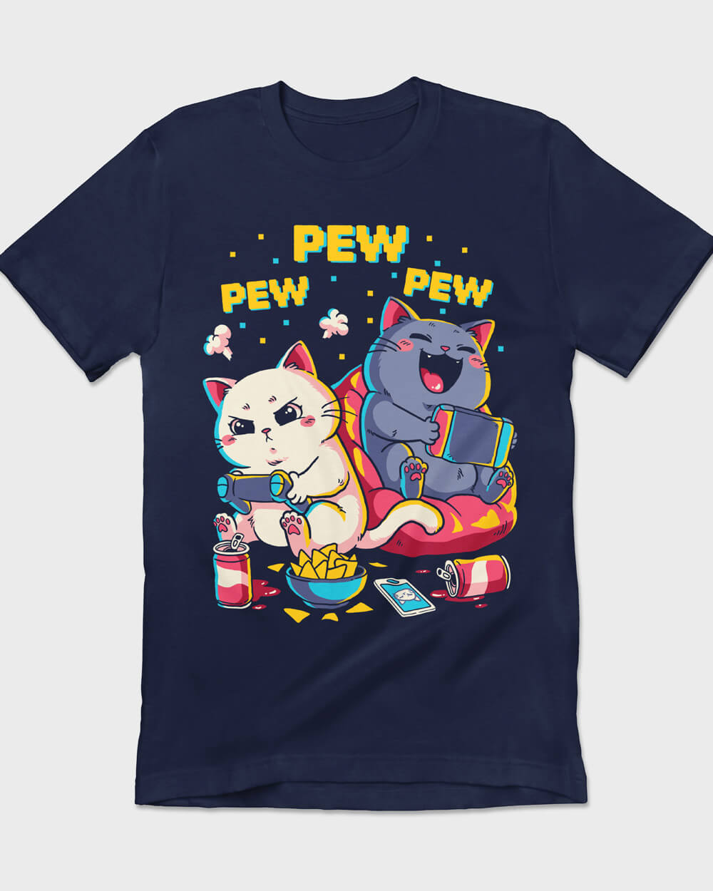 Retro graphic t-shirt with two cats playing video games