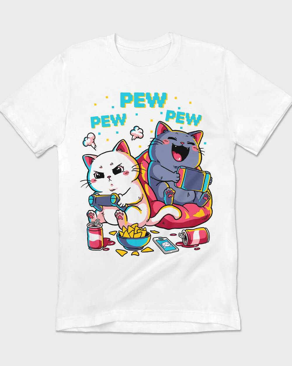 Cats gaming on a retro-style t-shirt for kitty and video game lovers