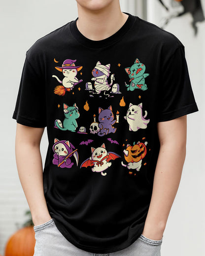 Colorful illustration of nine cats in different Halloween outfits on a shirt