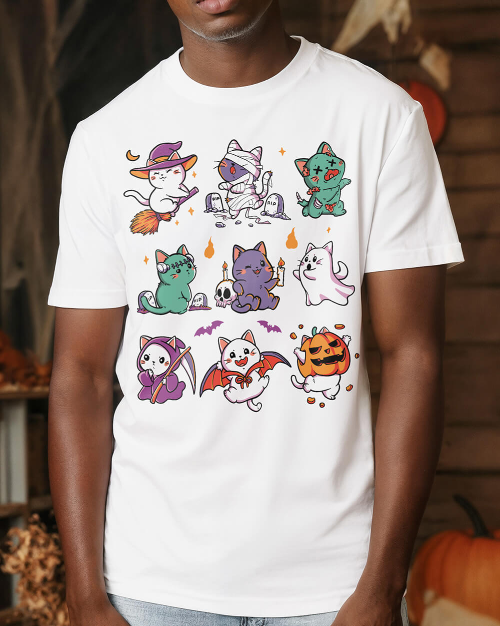 Playful Halloween cat costume parade illustrated on a t-shirt