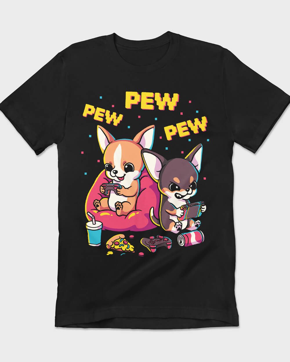 Retro graphic t-shirt with two Chihuahuas playing video games