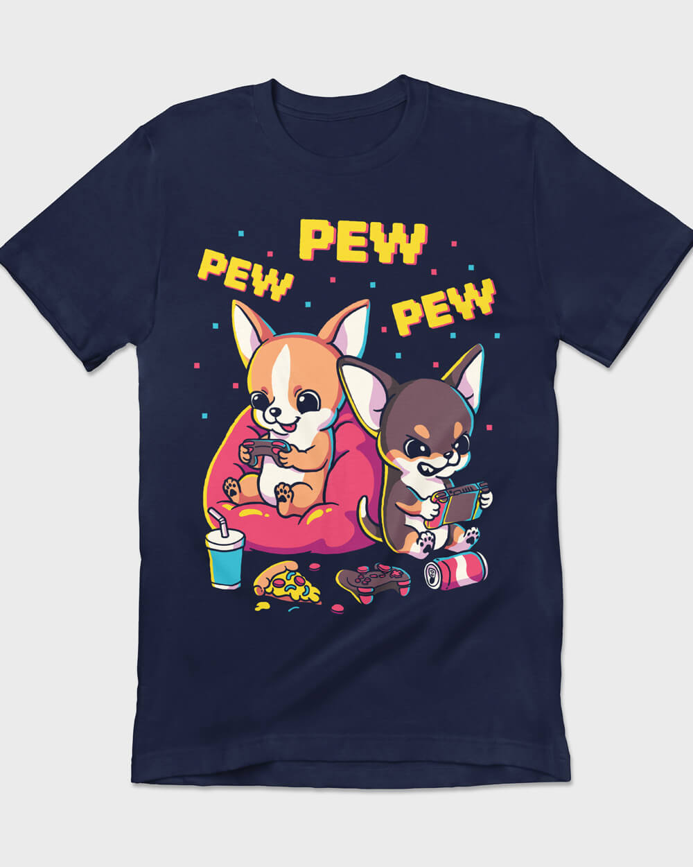 Pair of Chihuahuas gaming on a retro-style t-shirt for dog lovers