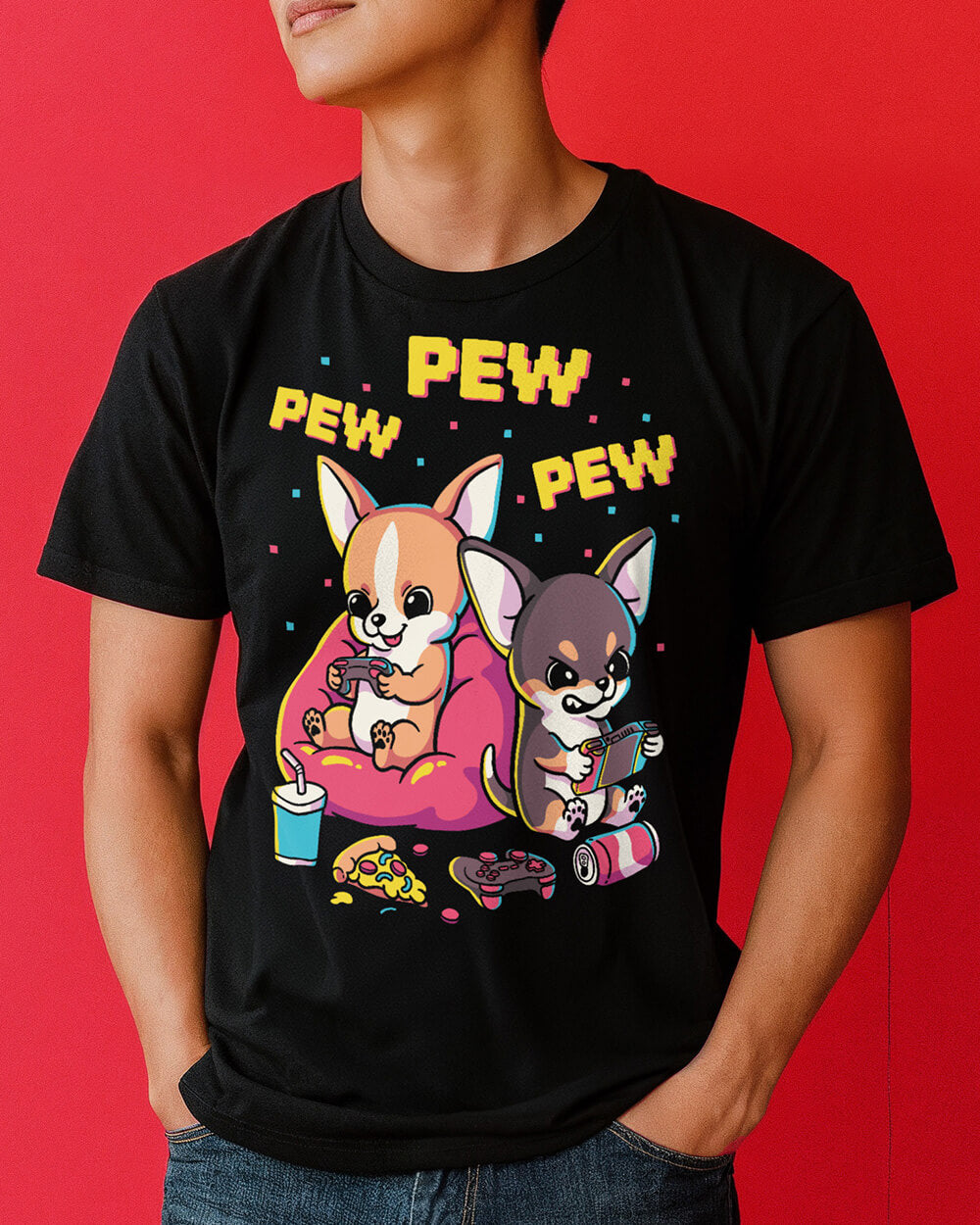 Vintage Chihuahua buddy dogs in gaming session night T-shirt design