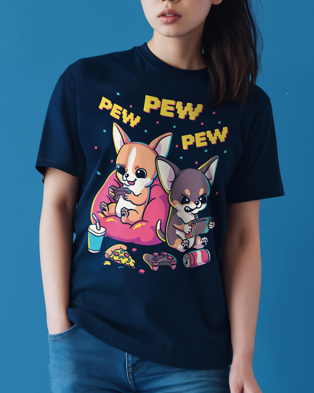 Chihuahua dogs playing video games T-shirt in retro colors and design