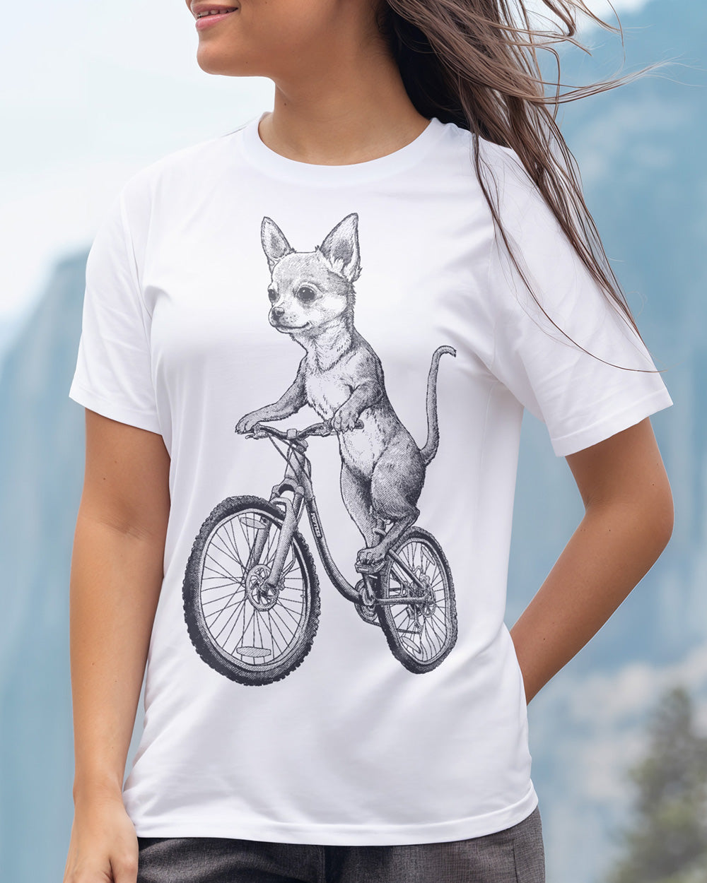 Retro black and white B&W Chihuahua on a bicycle graphic tee design