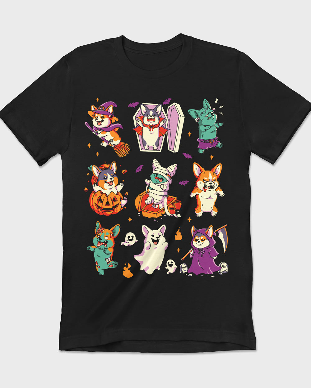 Halloween-themed t-shirt with nine costumed Corgi dogs in spooky poses