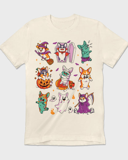 T-shirt print with nine Corgi pups in funny Halloween costumes