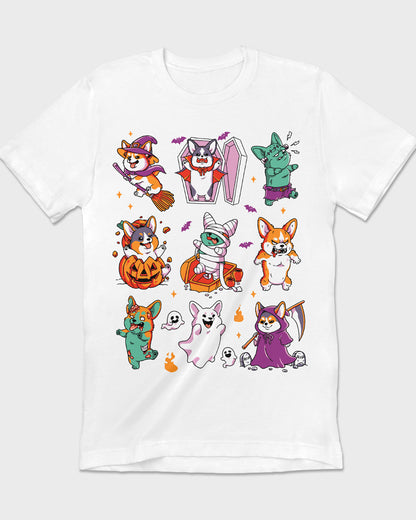 Playful Halloween Corgi costume parade illustrated on a white t-shirt