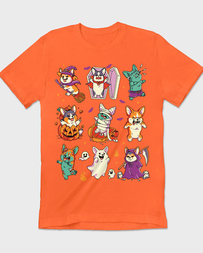 Colorful illustration of nine Corgis in different Halloween outfits on an orange T-shirt