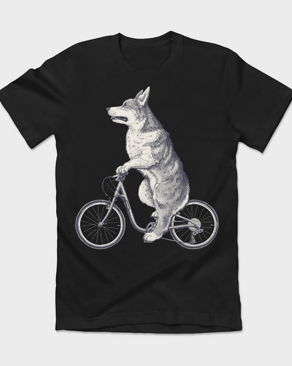 B&W Corgi dog on a bicycle tee design