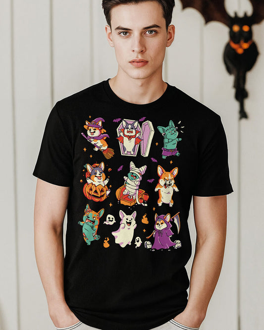 Halloween-themed t-shirt with nine costumed Corgi dogs in spooky poses