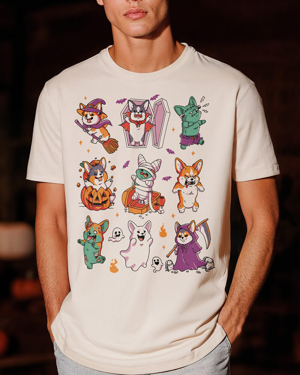 Colorful illustration of nine Corgis in different Halloween outfits on a shirt
