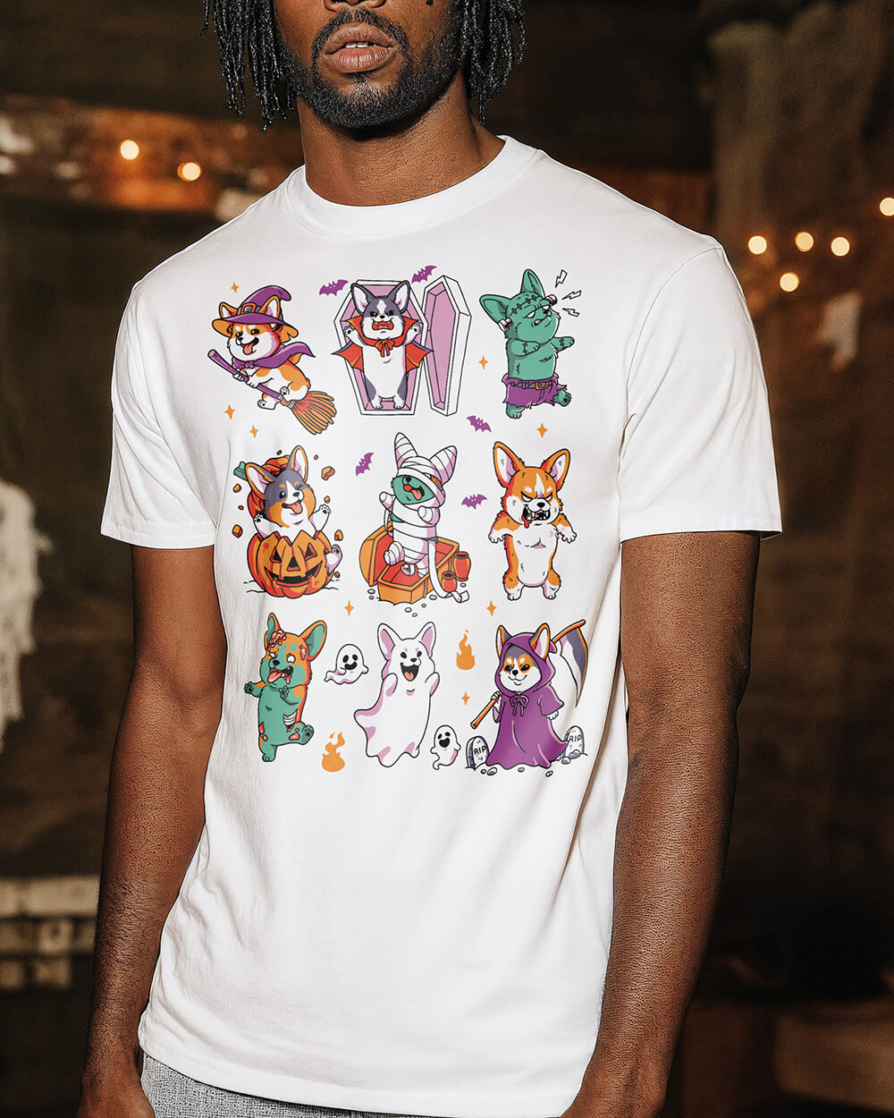 T-shirt print with nine Corgi pups in funny Halloween costumes